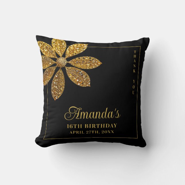 Floral Gold Glitter Flower Sweet 16 Birthday Throw Pillow (Front)