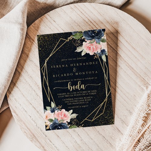 Floral Gold Glitter Geometric Spanish Wedding  Invitation