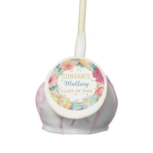 Floral Gold Glitter Graduation Pink Party Cake Pops (Front)