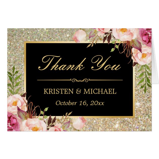 Floral Gold Glitter Sparkles Thank You Card