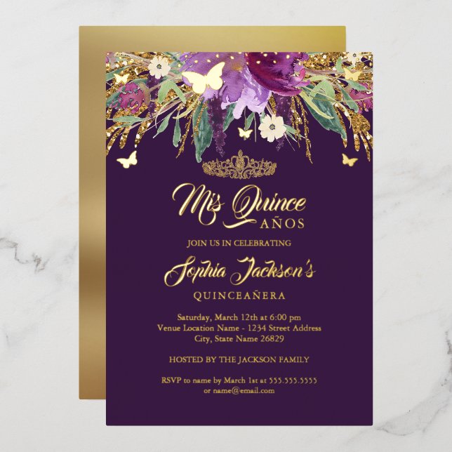 Floral Gold Glitter Sparkling Amethyst Quinceanera Foil Invitation (Front/Back)