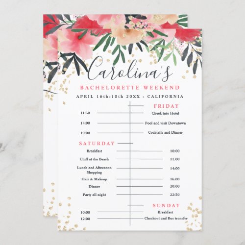 Floral gold glitter time line bachelorette weekend invitation