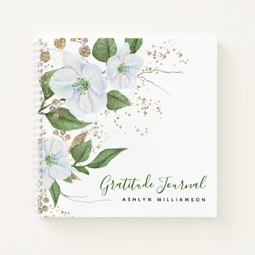 Floral Gold Glitter Watercolor Script Gratitude Notebook