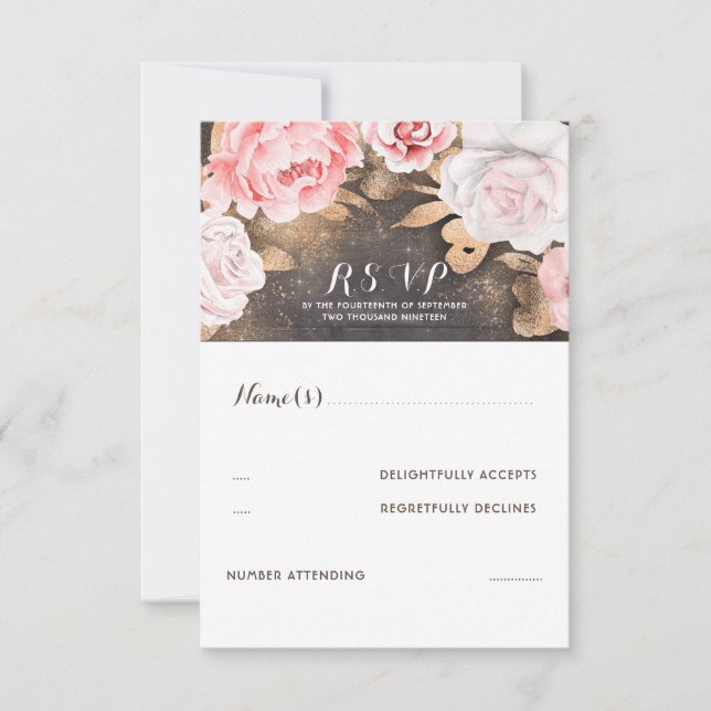 Floral Gold Glitter Wedding RSVP Card (Front)