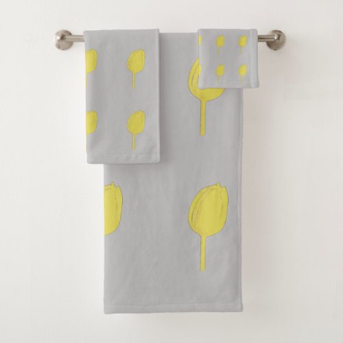 Floral Gold Golden Yellow Tulip Patterns Grey Gray Bath Towel Set