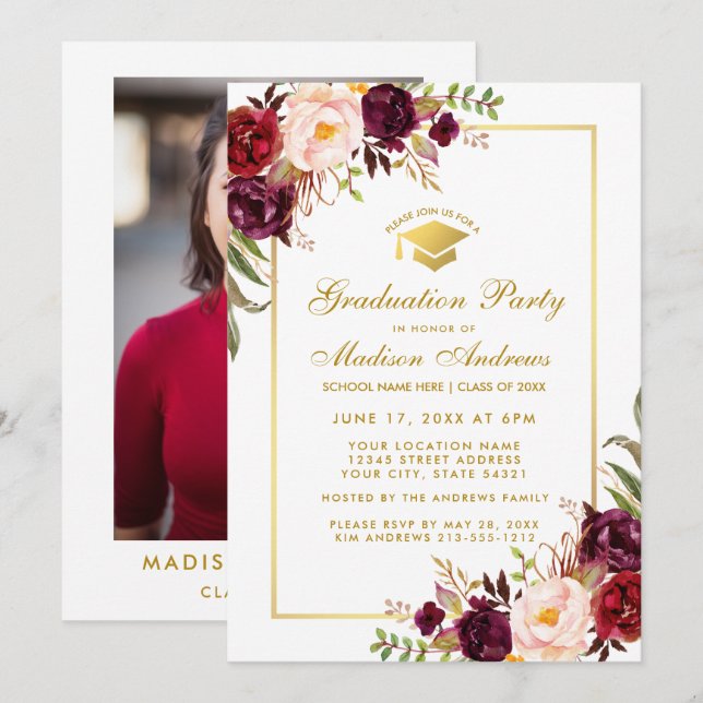 Floral Gold Graduation Party Invite - Photo Back (Front/Back)