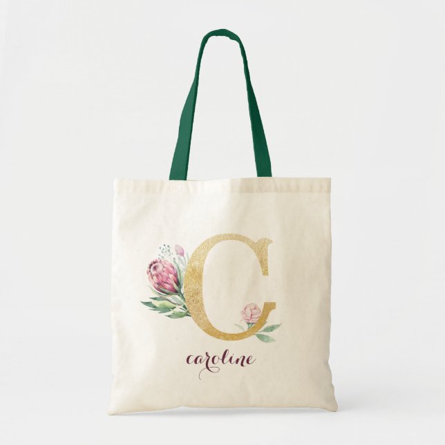 Floral Gold Greenery Purple Personalized Monogram Tote Bag (Front)