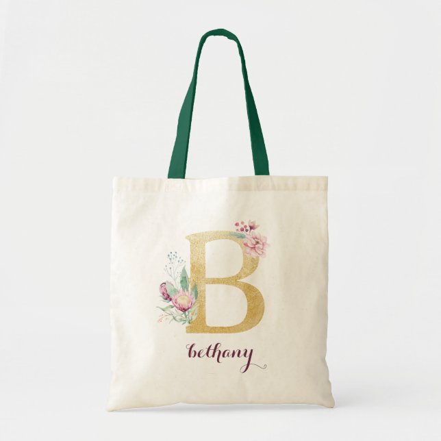 Floral Gold Greenery Purple Personalized Monogram Tote Bag (Front)