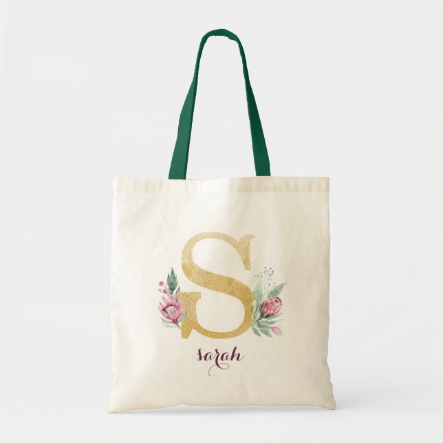 Floral Gold Greenery Purple Personalized Monogram Tote Bag (Front)