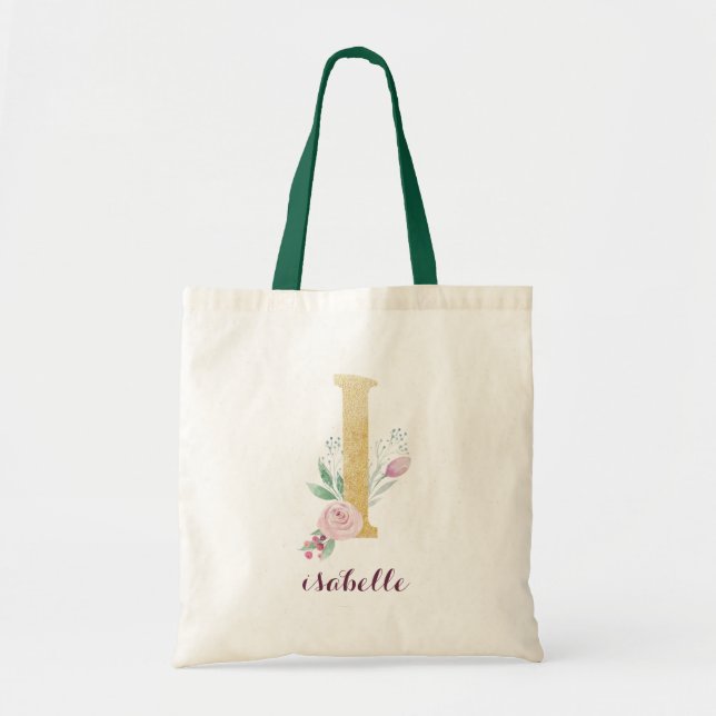 Floral Gold Greenery Purple Personalized Monogram Tote Bag (Front)