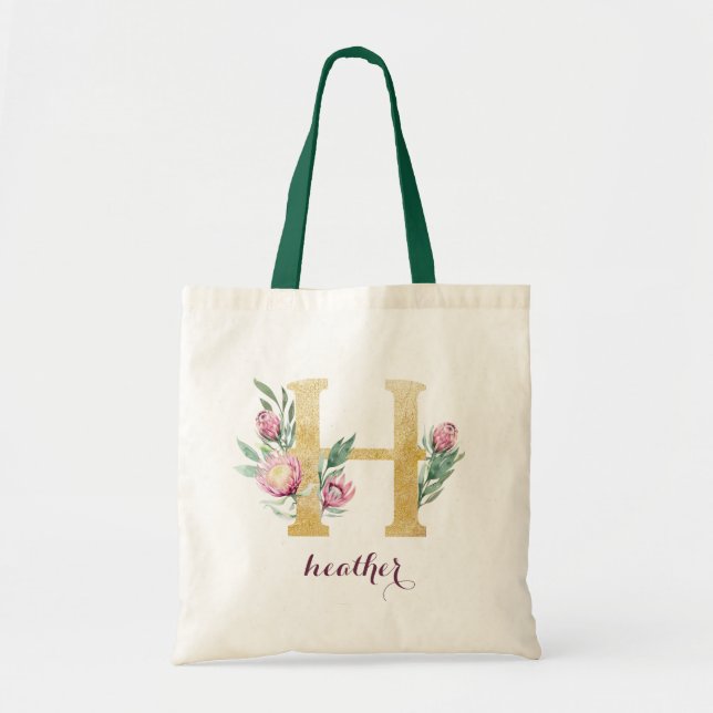 Floral Gold Greenery Purple Personalized Monogram Tote Bag (Front)