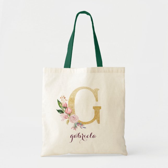 Floral Gold Greenery Purple Personalized Monogram Tote Bag (Front)