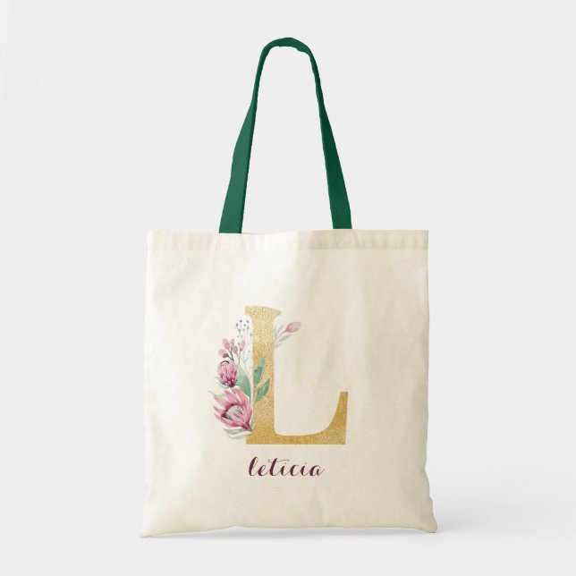 Floral Gold Greenery Purple Personalized Monogram Tote Bag (Front)