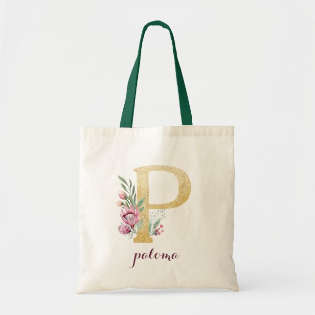 Floral Gold Greenery Purple Personalized Monogram Tote Bag (Front)