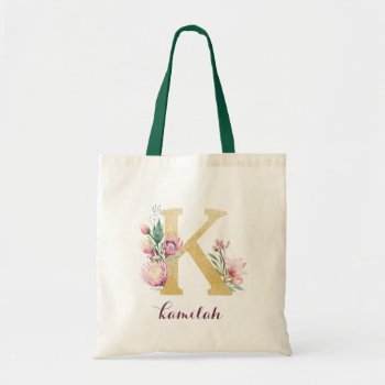 Floral Gold Greenery Purple Personalized Monogram Tote Bag by HannahMaria at Zazzle