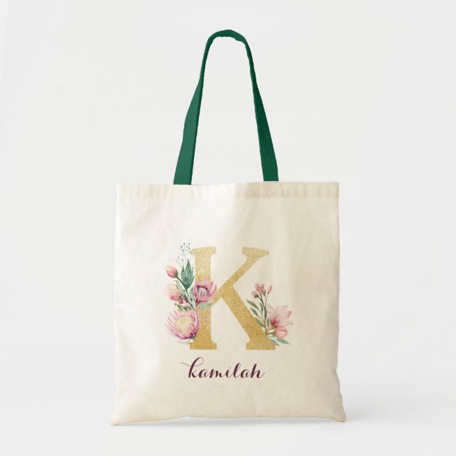 Floral Gold Greenery Purple Personalized Monogram Tote Bag (Front)