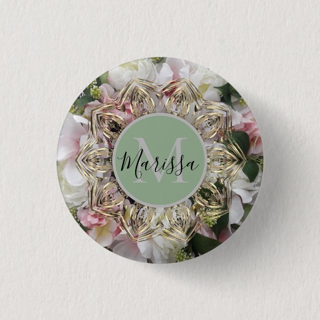 Floral Gold Hexagon Mandala Monogram   Button (Front)