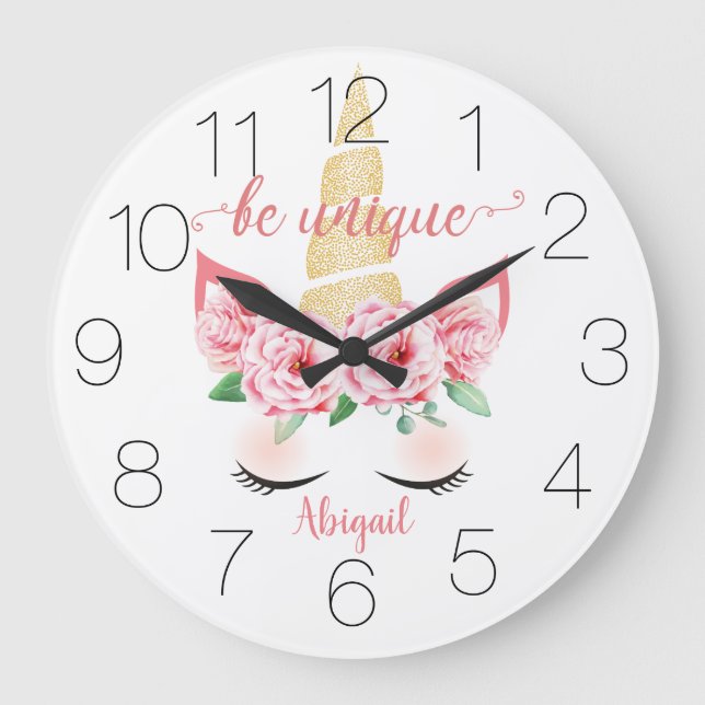 Floral Gold Horn Unicorn Large Clock (Front)