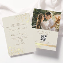 Floral Gold Ivory QR Code Wedding Invitation