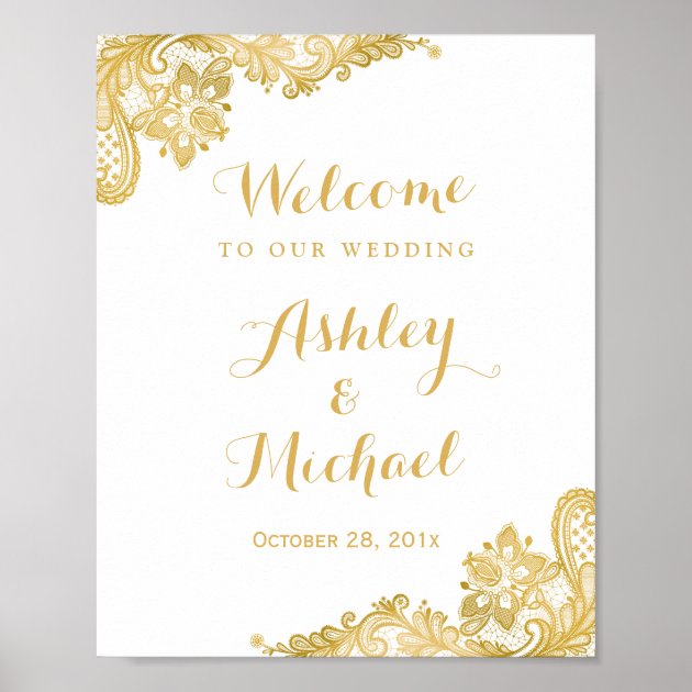 Floral Gold Lace Pattern Wedding Reception Sign