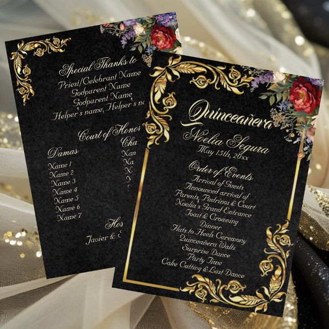 Floral & Gold Leaves - Black Quinceanera Program (Creator Uploaded)