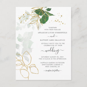 Floral Gold Leaves Glitter Script Wedding Invitation Postcard