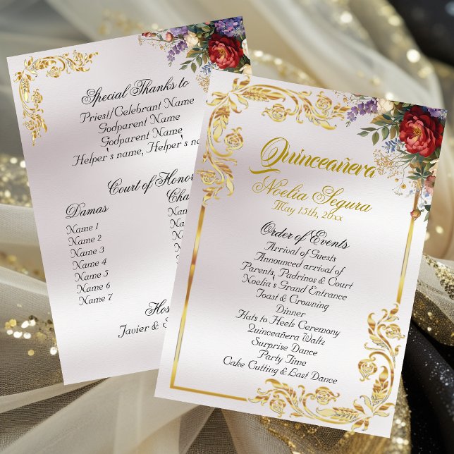 Floral & Gold Leaves - Pearl Quinceanera Program (Creator Uploaded)