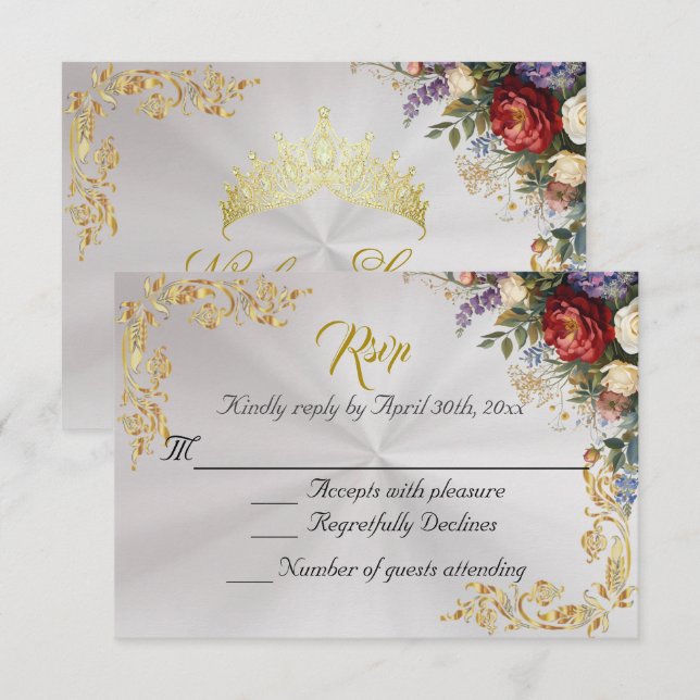 Floral & Gold Leaves - Pearl White RSVP Card (Front/Back)
