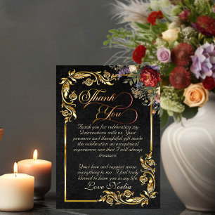 Floral, Gold Leaves & Tiara - Black Quinceanera Thank You Card