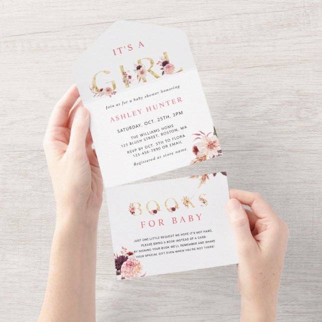 Floral Gold Letter Baby Shower | Books for Baby All In One Invitation (Tearaway)