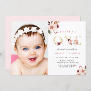 Floral Gold Letter Elegant First Birthday Photo  Invitation