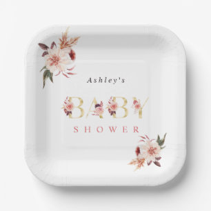 Floral Gold Letter Elegant Girl Baby Shower Paper Plates