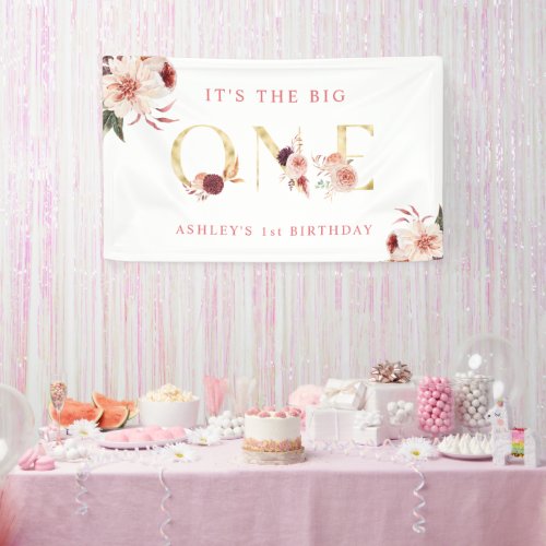 Floral Gold Letter Elegant Girl First Birthday Banner