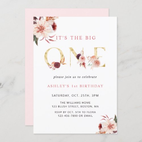 Floral Gold Letter Elegant Girl First Birthday Invitation