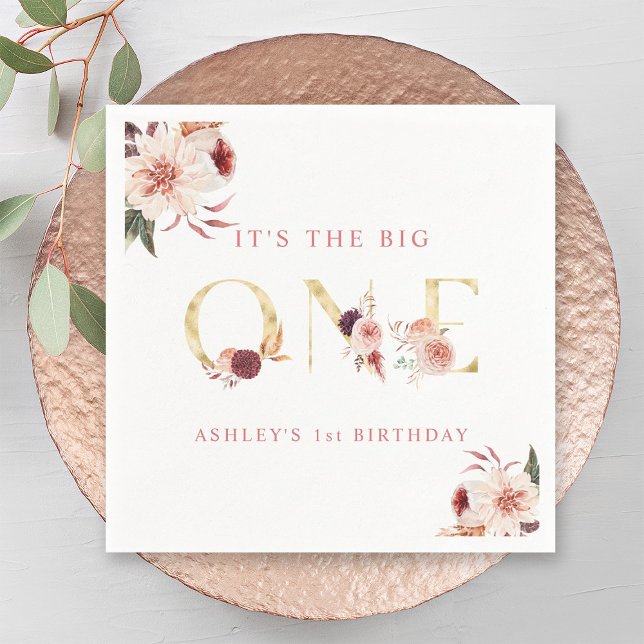 Floral Gold Letter Elegant Girl First Birthday  Napkins (Creator Uploaded)