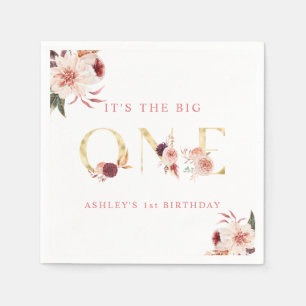 Floral Gold Letter Elegant Girl First Birthday Napkins