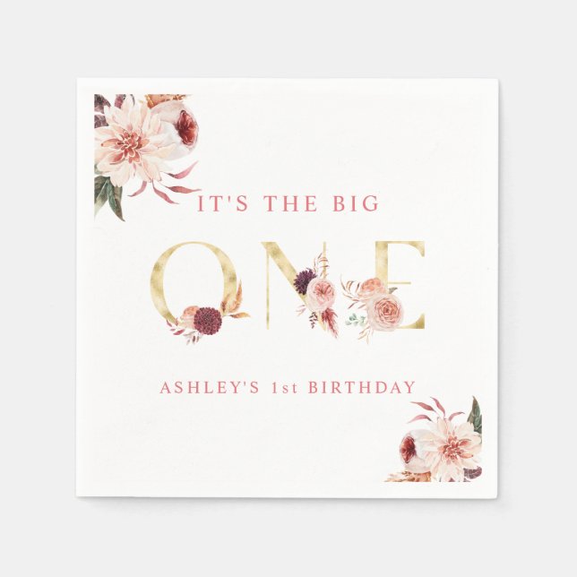 Floral Gold Letter Elegant Girl First Birthday  Napkins (Front)