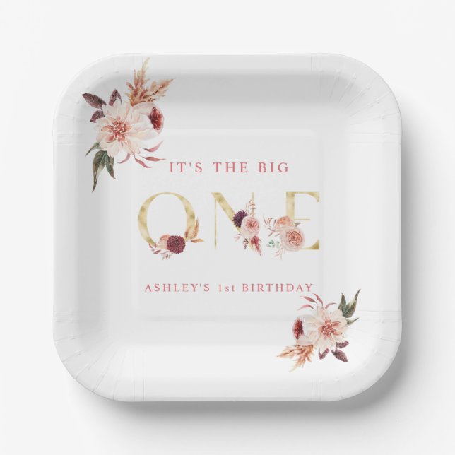 Floral Gold Letter Elegant Girl First Birthday Paper Plates (Front)