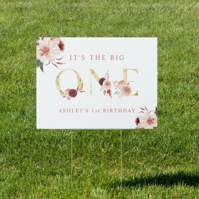 Floral Gold Letter Elegant Girl First Birthday  Sign (Insitu)