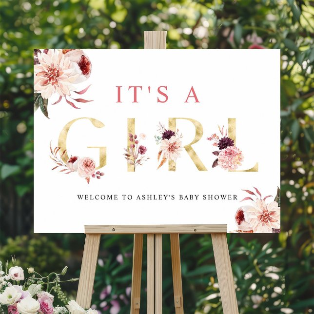 Floral Gold Letter Elegant It's a Girl Baby Shower Foam Board (Creator Uploaded)
