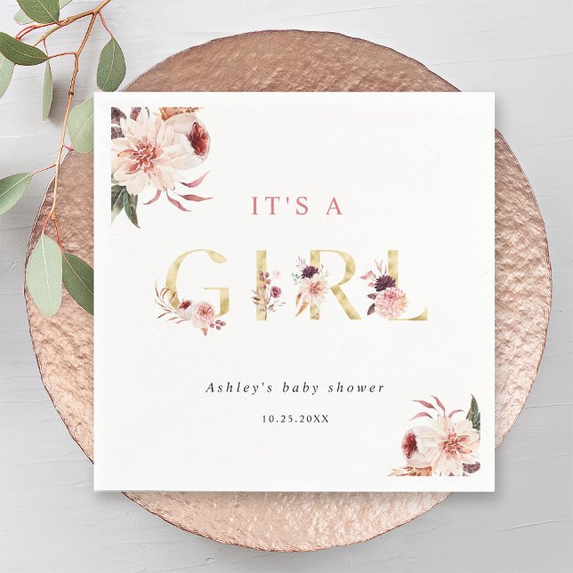 Floral Gold Letter Elegant It's a Girl Baby Shower Napkins (Creator Uploaded)