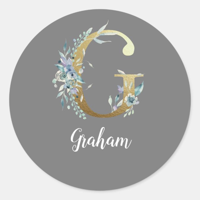 Floral Gold Letter G on Gray Classic Round Sticker (Front)