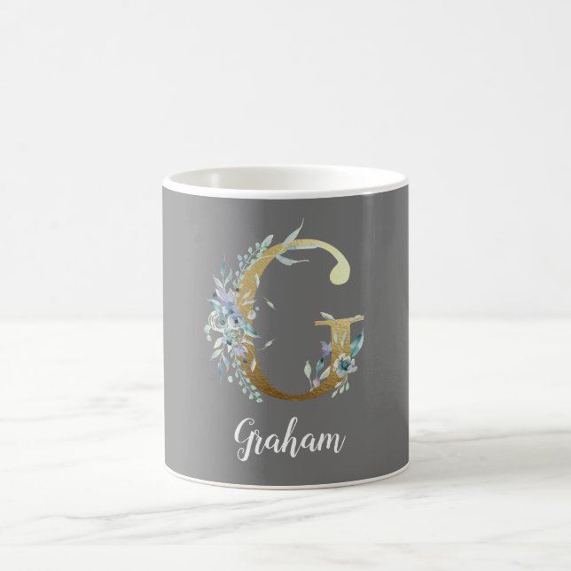 Floral Gold Letter G on Gray  Coffee Mug (Center)