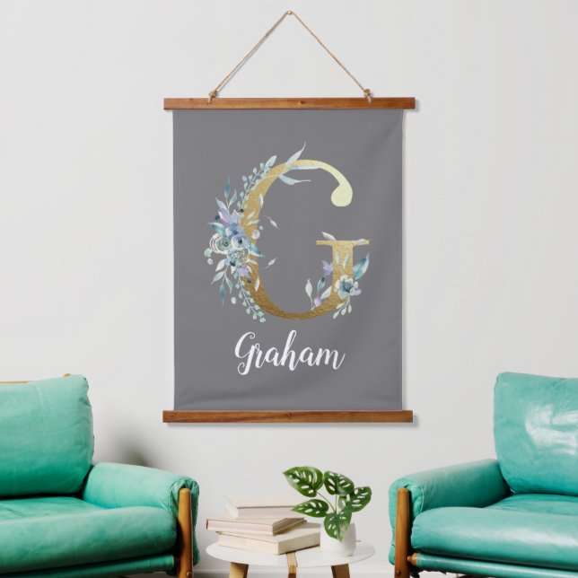 Floral Gold Letter G on Gray  Hanging Tapestry (Living Room)