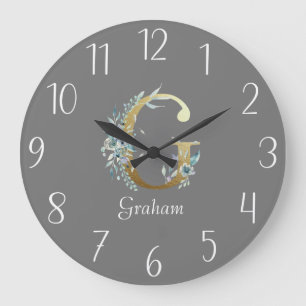 Floral Gold Letter G on Gray Large Clock