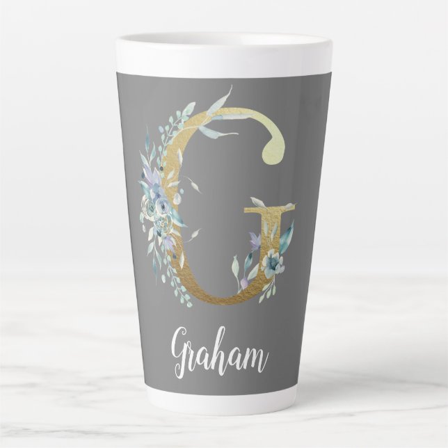 Floral Gold Letter G on Gray Latte Mug (Front)