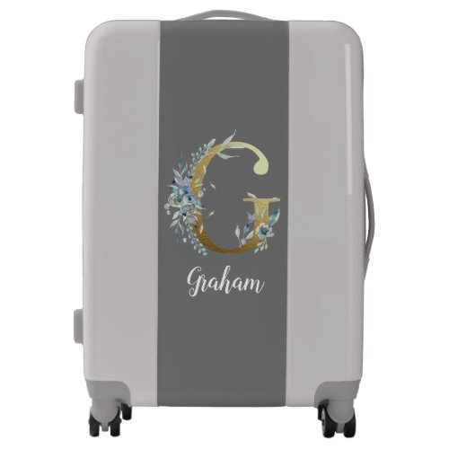 Floral Gold Letter G on Gray  Luggage