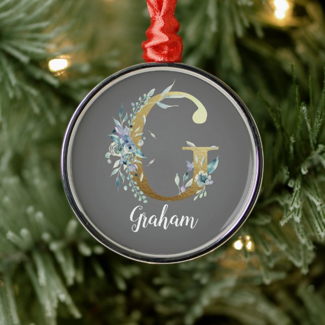 Floral Gold Letter G on Gray  Metal Ornament (Tree)