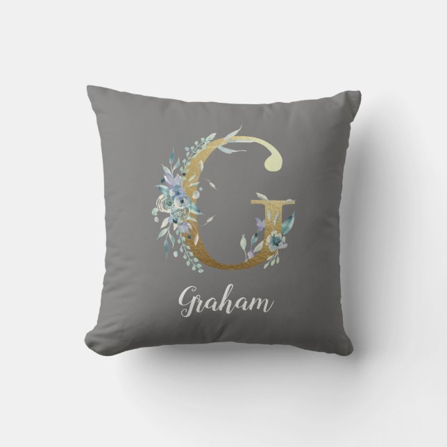 Floral Gold Letter G on Gray  Throw Pillow (Front)