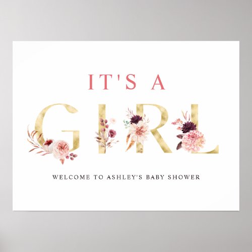 Floral Gold Letter Its a Girl Baby Shower Sign